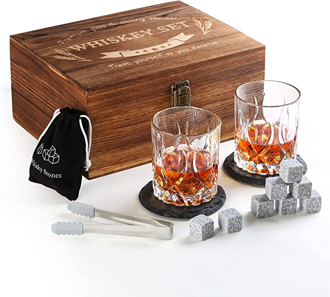 Primevolve 10oz Whiskey Glasses Set of 2 with Unique Wooden Box 8 Chil